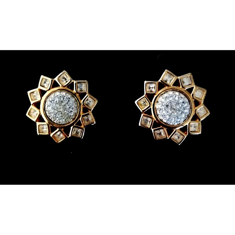 Vintage SWAROVSKI CRYSTAL Earrings Gold Tone Clip On Art Deco Statement